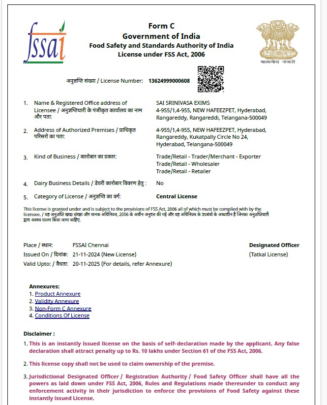 FSSAI Central License certificate