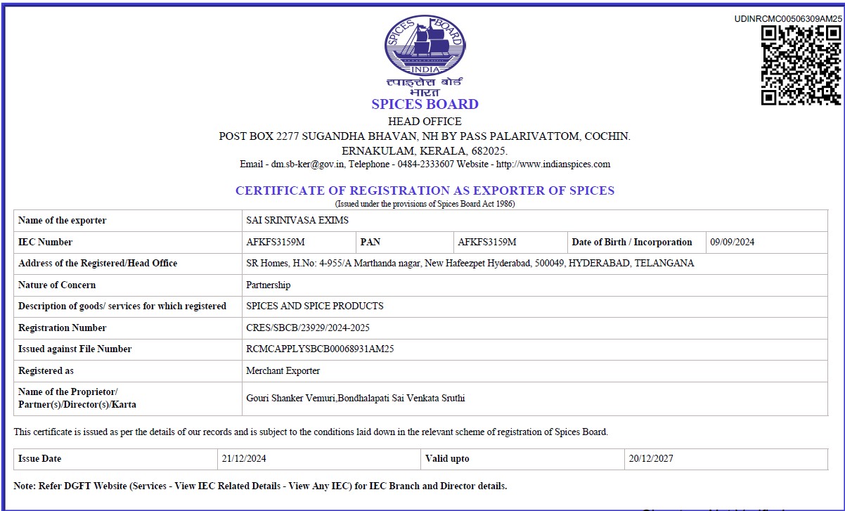 Spices Board of India certificate